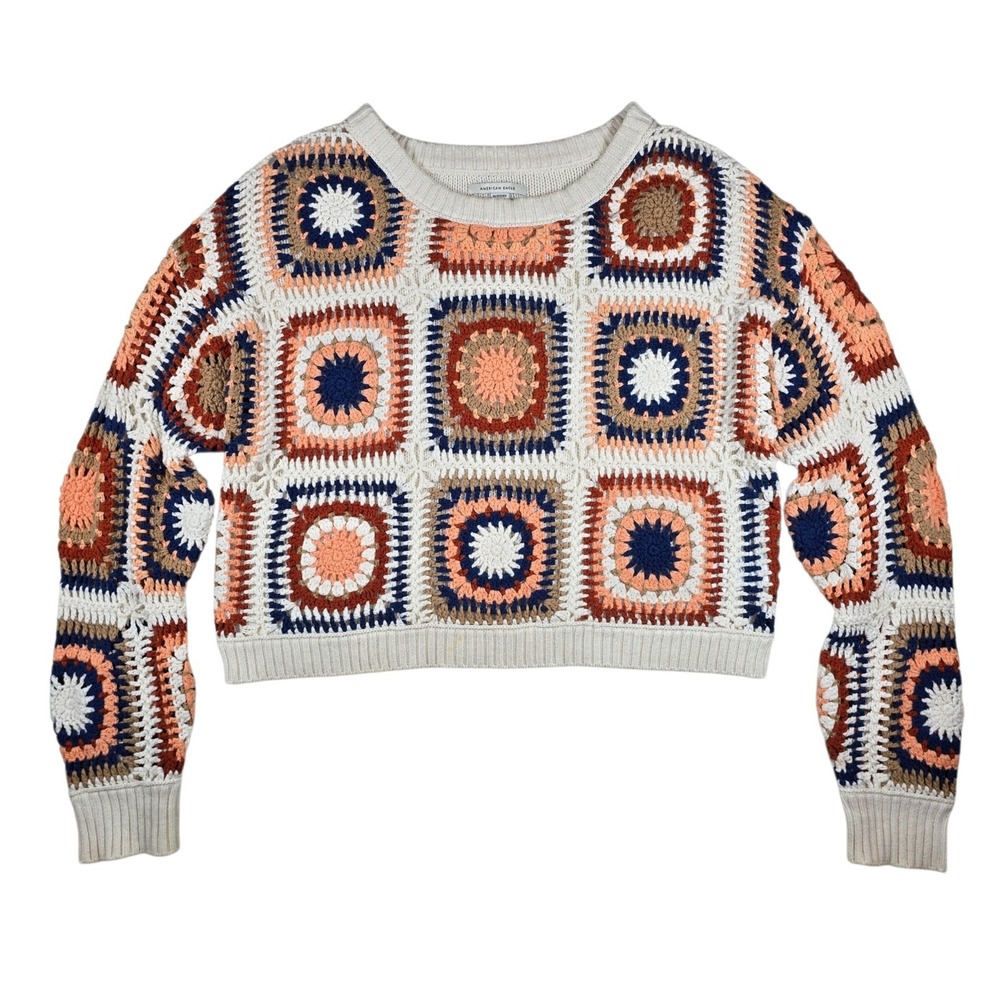 American Eagle Boho Retro Granny Square Oversized Crochet Knit Sweater Womens XS